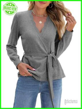 Sidefeel Long Sleeve Wave V-Neck Cardigan Sweater with Tie Belt